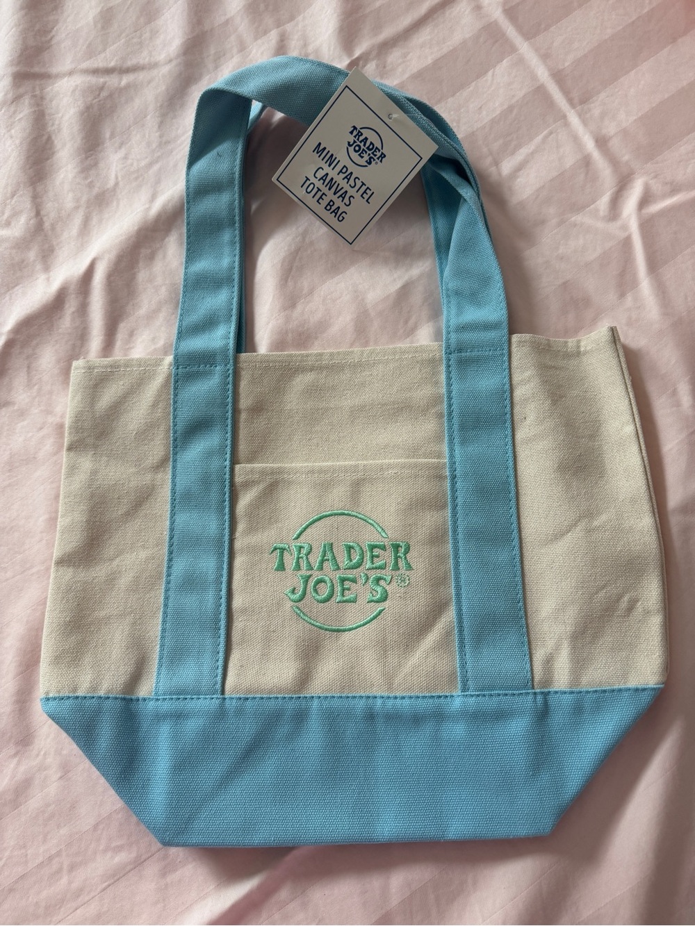 NWT Trader Joe's Mini Canvas Tote Bag in Light Blue and Cream